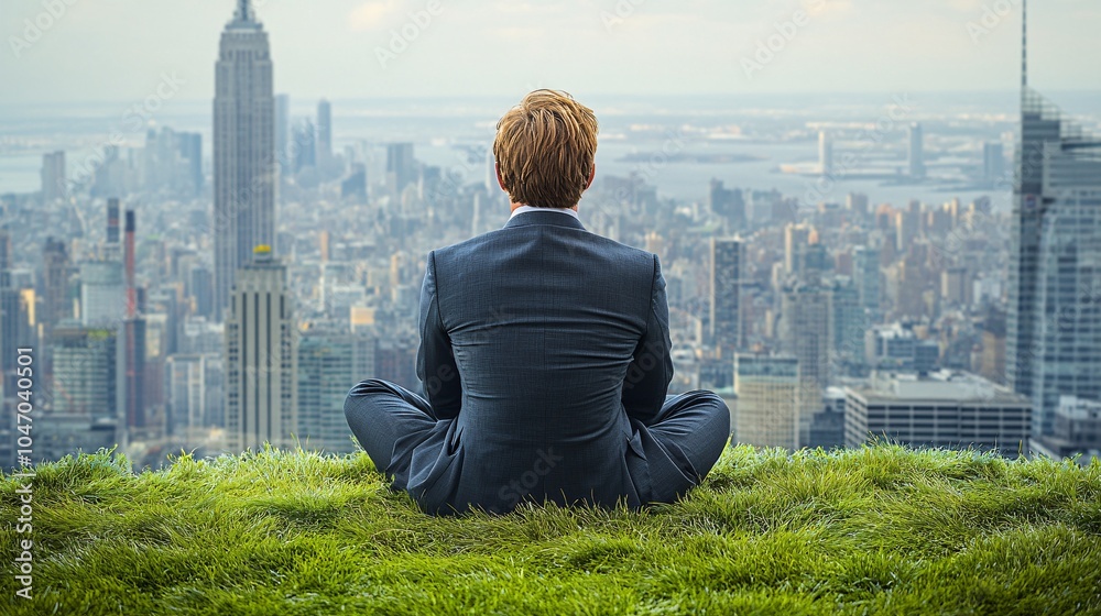 Poster senior executive having a quiet moment in a rooftop garden surrounded by city views creating a balan