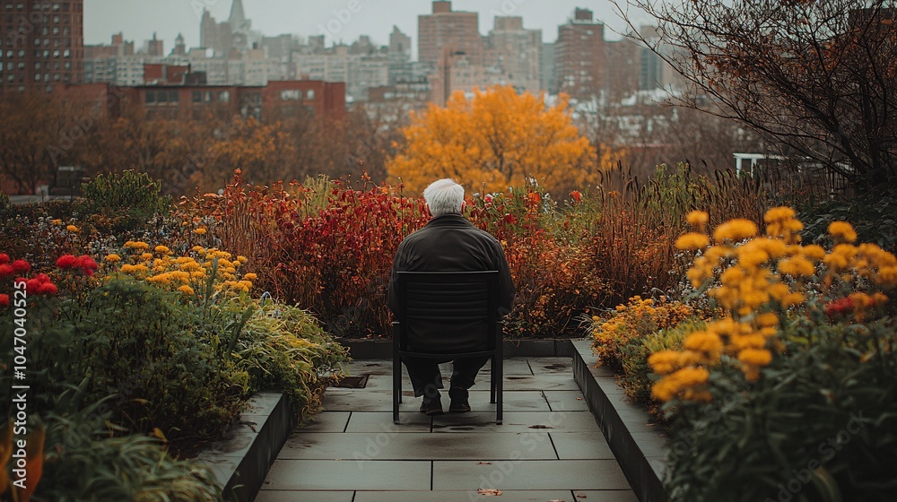 Poster senior executive having a quiet moment in a rooftop garden surrounded by city views creating a balan