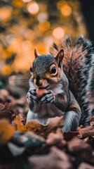 Obraz premium Squirrel eating nut in autumn leaves with bokeh background
