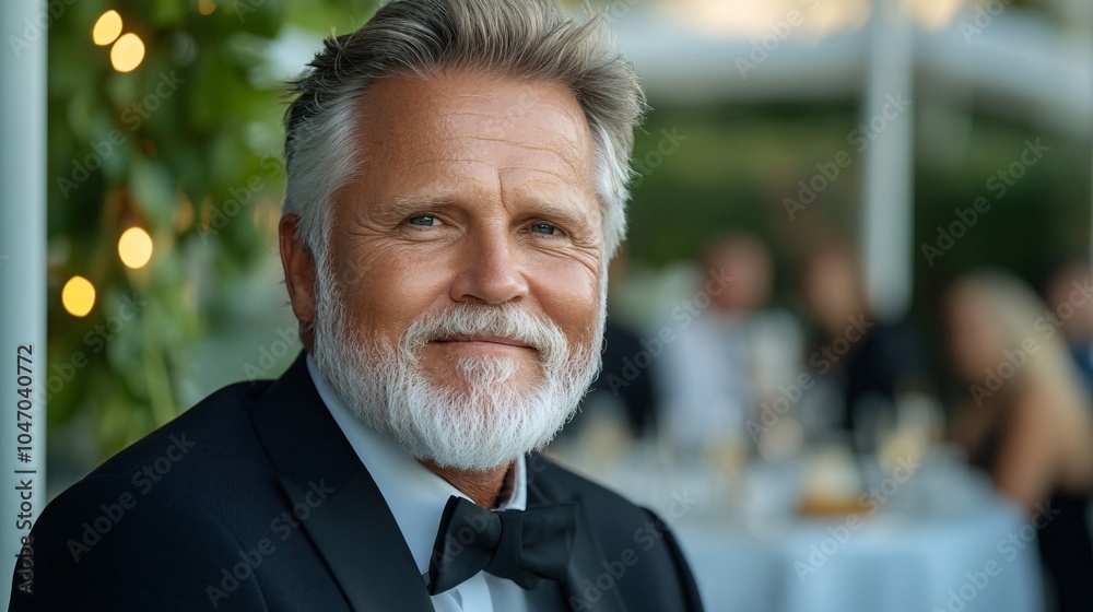 Poster senior executive attending an exclusive black-tie event with fine wine and gourmet dining in a sophi