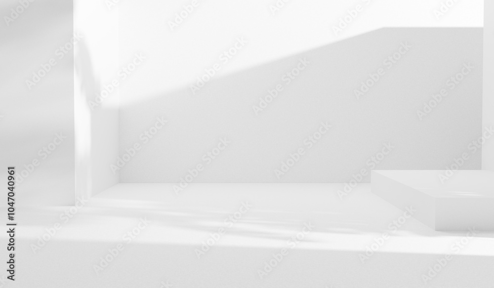 Aufkleber White empty room with sunlight and trees shadows empty place copy space illuminated room