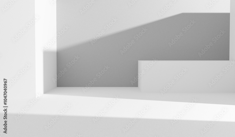 Poster White room with gray wall and minimalistic white abstract forms. Minimalistic white background design empty place and table for products and ad