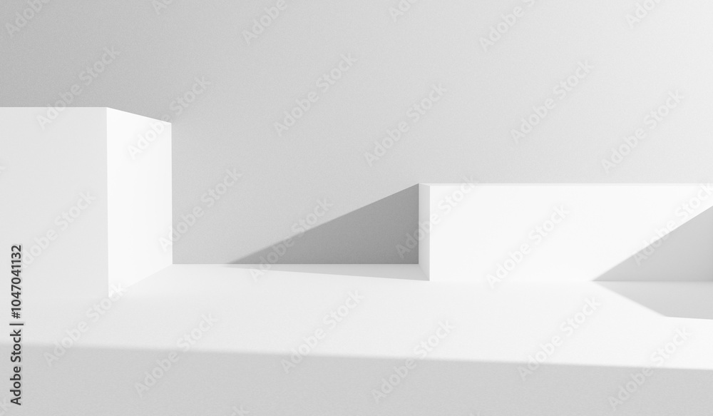 Poster White room with gray wall and minimalistic white abstract forms. Minimalistic white background design empty place and table for products and ad