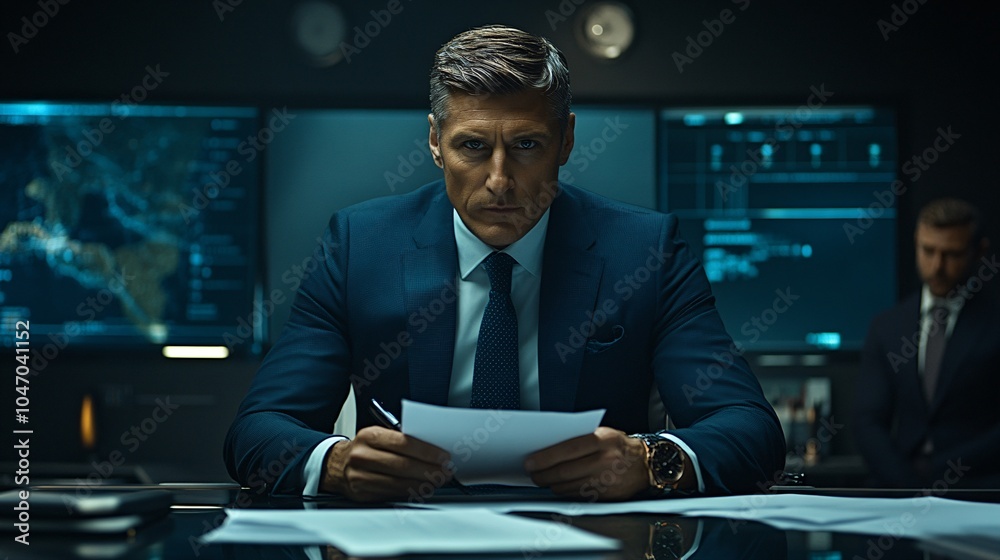 Poster senior executive sitting at a glass desk reviewing documents with a focused expression in a high-end