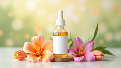 A small glass bottle of essential oil or perfume with a dropper, surrounded by flower petals and sitting on a white surface.
