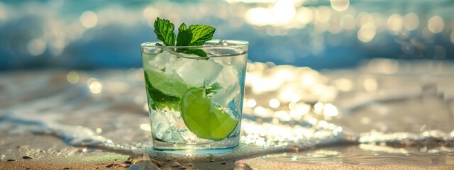 a fresh glass of lime juice on the seashore, Generative AI,
