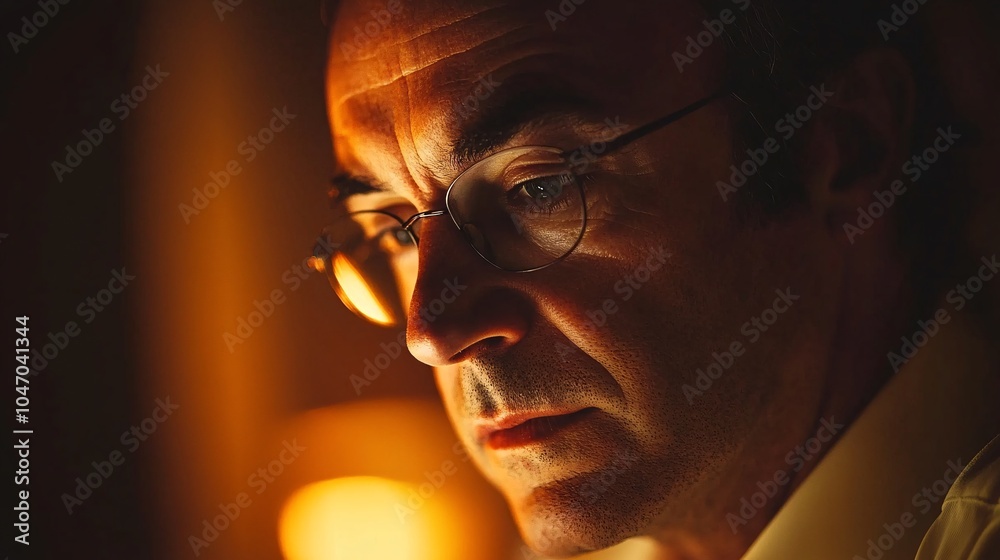 Poster senior executive staying late at the office under dim lighting working on a laptop with a thoughtful
