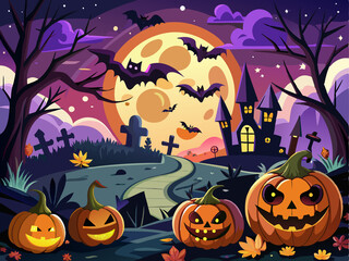 Halloween background with pumpkins, ghosts, bats and haunted house. 