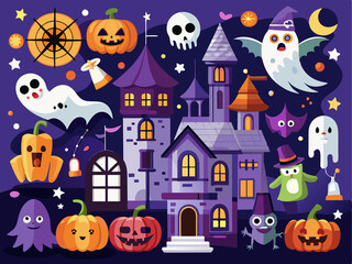 Halloween background with pumpkins, ghosts, bats and haunted house. 