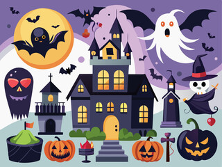 Halloween background with pumpkins, ghosts, bats and haunted house. 