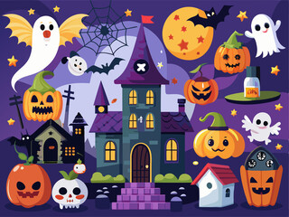 Halloween background with pumpkins, ghosts, bats and haunted house. 