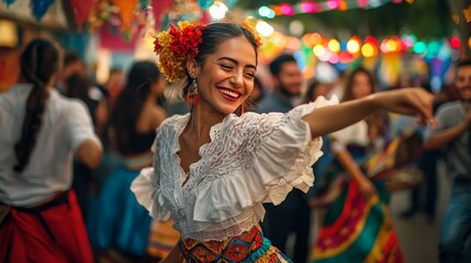 Obraz premium Latino friends dancing in the street during a colorful city festival,