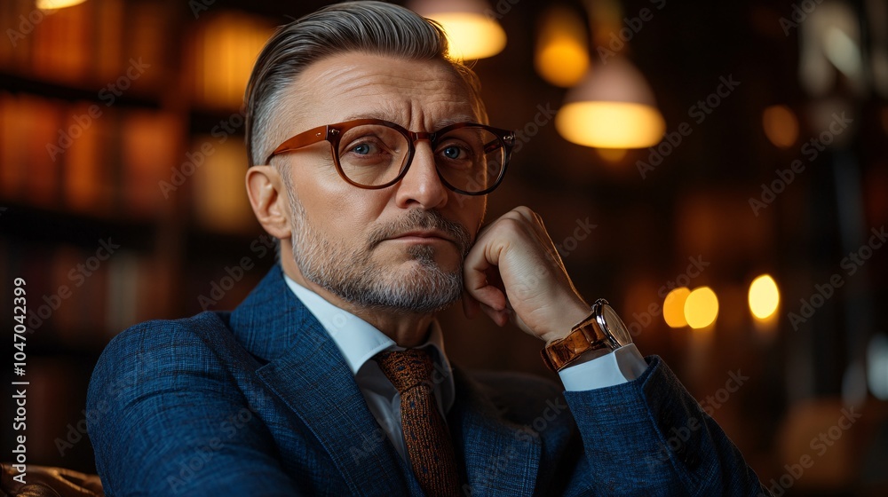 Aufkleber senior executive deep in thought at a large wooden desk in a sophisticated office setting with books