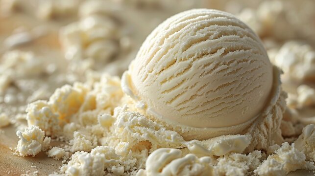 A single scoop of vanilla ice cream sits on a bed of white chocolate shavings.