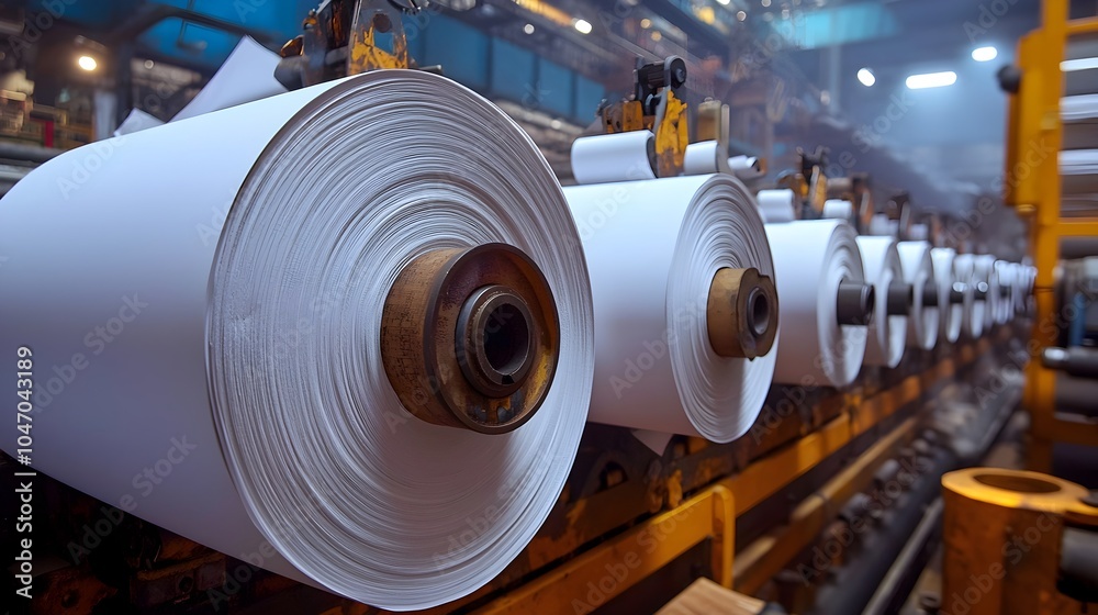 Poster giant rolls of paper being rolled up and stored on large industrial spools in a manufacturing facili