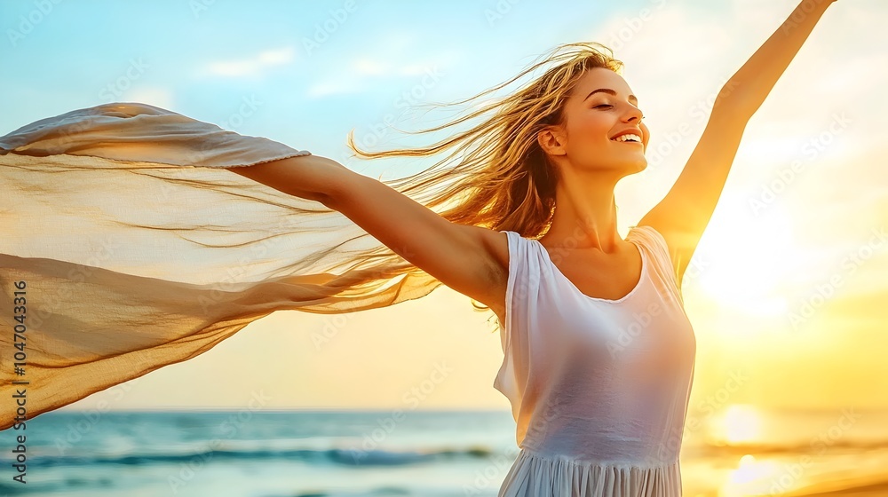 Leinwandbilder graceful female model stands with a flowing ethereal scarf billowing in the wind against a serene na