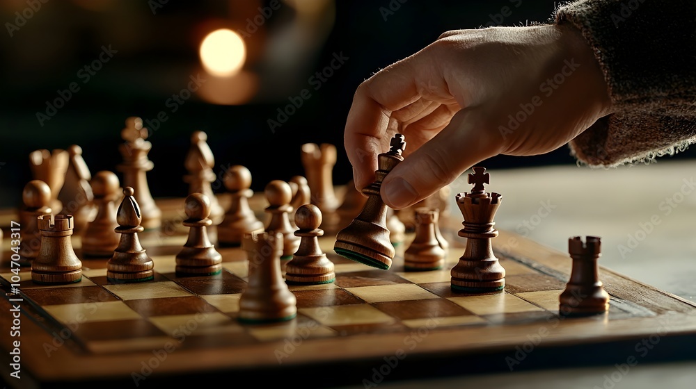 Aufkleber Hand Carefully Placing Chess Piece on Checkered Board During Intense Mid Game Strategy Session  Concept of Intelligence Logic and Decision Making in Competitive Game Play
