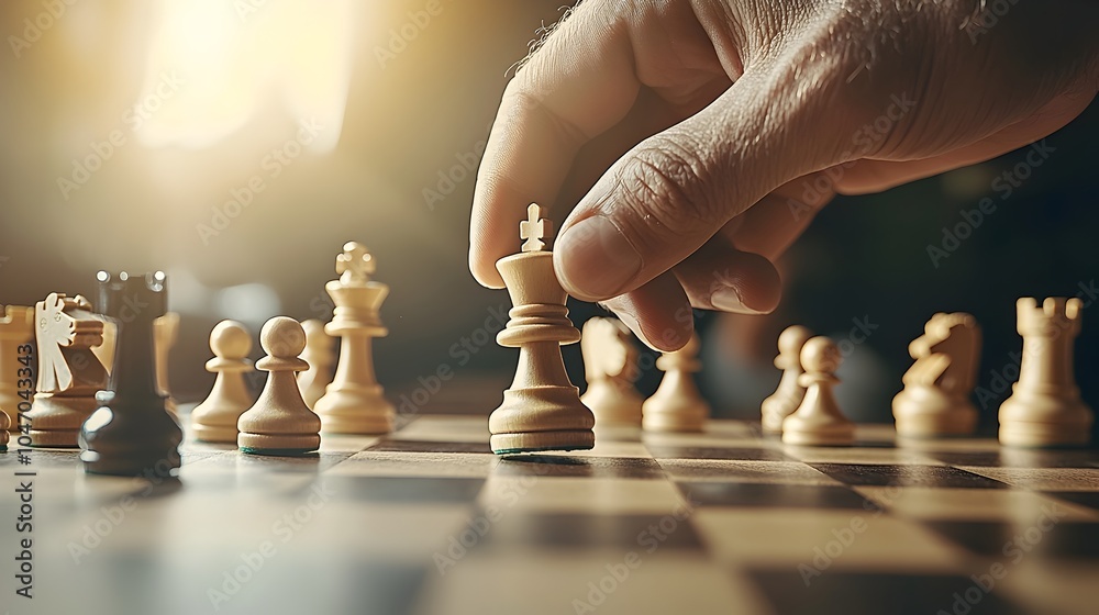 Poster hand strategically placing chess piece on board during mid game of competitive chess match showcasin
