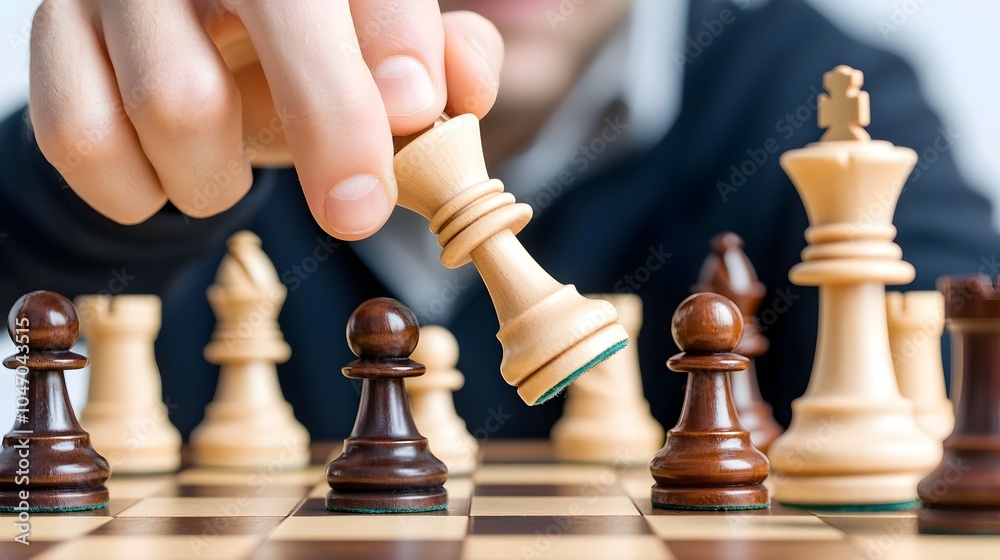 Poster Hands Carefully Positioning Chess Piece Across the Game Board Conceptual of Strategic Thinking Problem Solving and Decision Making in Business and Finance