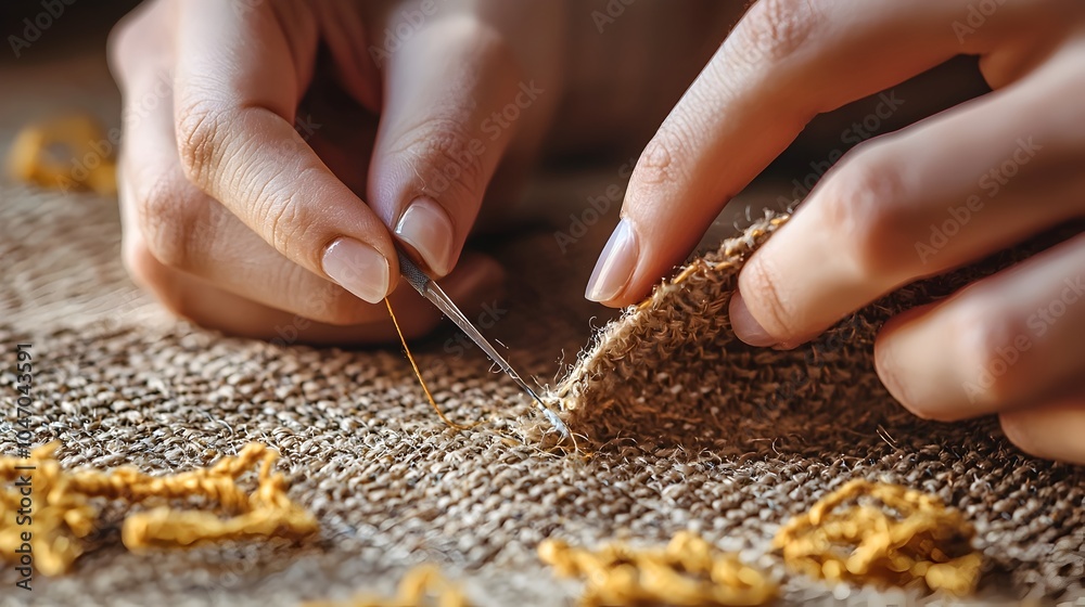 Poster hands carefully threading fabric with sharp sewing needle showcasing the intricate art of needlework
