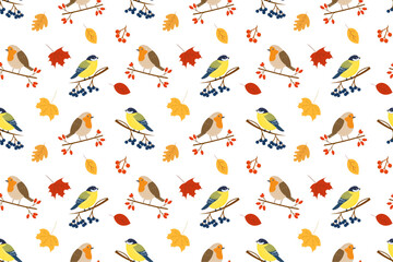 Seamless pattern with different birds, leaves and berries. Robin bird and tit. Birds of different breeds with berries on a branch. Autumn vector pattern, flat style.