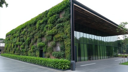 Fototapeta premium Architectural innovation merges nature with modern construction through verdant living wall installation demonstrating sustainable corporate commitment to environmental preservation