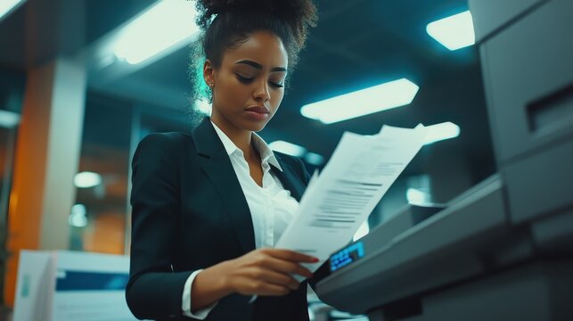 A business office woman operating a photocopier while focusing on printing and copying documents employee managing essential office technology and handling important paperwork for corporate tasks