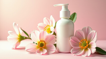 A bottle of cream with pump dispenser surrounded by delicate pink flowers on a light background.