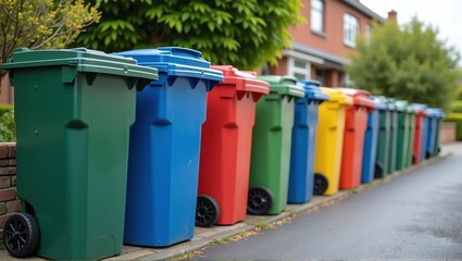 Different colored waste bins standing outside filled with garbage in a urban street - ai generated