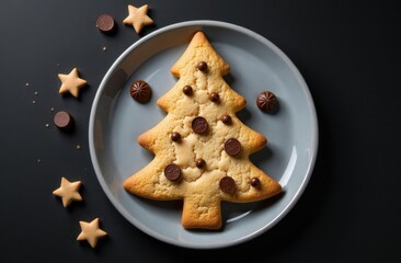 A Christmas tree made of cookies with a New Year's background, on a white plate, on a black table. New Year's children's food.