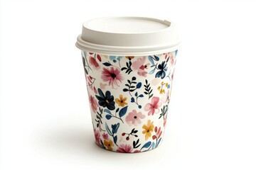 Coffee glass mockup with bright colorful floral floral pattern isolated white background, charming coffee glass product advertising mockup