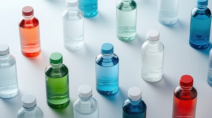 Minimalist translucent water bottles collection featuring vibrant colored caps against white background showcasing clean sustainable packaging design for premium mineral beverage brand