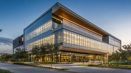 Fototapeta premium Corporate headquarters building. Sleek architecture and modern design elements; this innovative structure embodies organization's identity and values. Commitment to excellence in urban environment