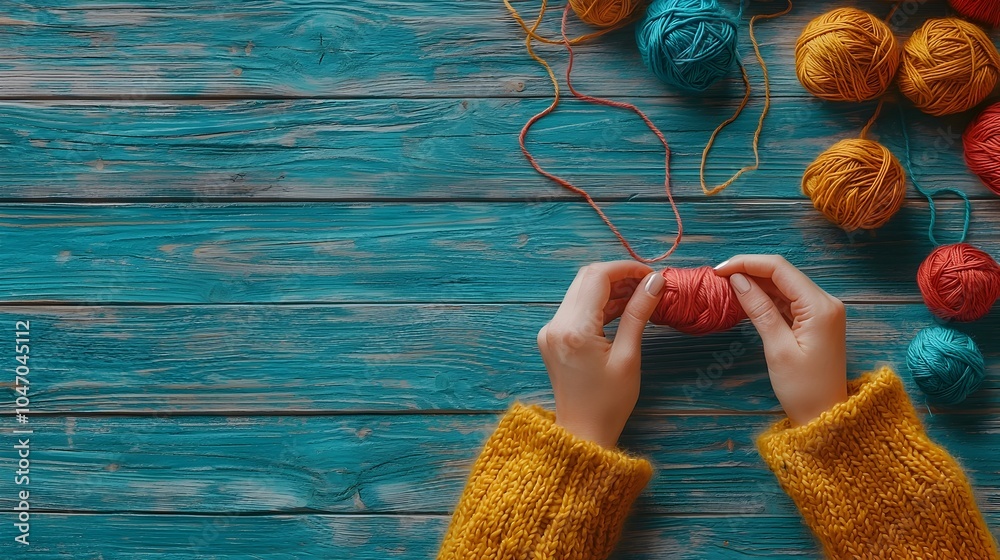 Poster hands knitting with colorful yarn on a wooden table capturing the cozy craft of knitting as a hobby 