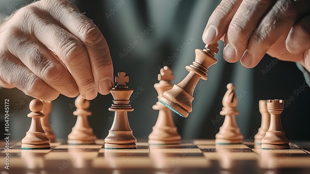 Poster Hands moving a chess piece across the board symbolizing the strategic thinking problem solving and intellectual decision making involved in the game of chess