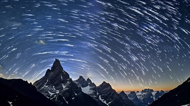 Witness stunning timelapse footage apparent rotation starry sky majestic Matterhorn mountain peak Monte Rosa glaciers highlighting alian side breathtaking landscape 4K night milky way time