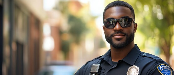 Bold depiction of a friendly police officer, embodying dedication to security and law enforcement, ready to assist the community