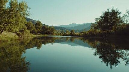 Obraz premium A serene lakeside view with still water reflecting the surrounding trees and mountains.