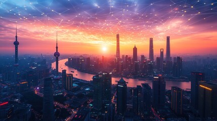 Fototapeta premium Sunrise Over Connected Cityscape