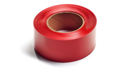 A close-up image showing a roll of vibrant red tape placed on a clean white surface, showcasing its texture and functionality in high contrast.