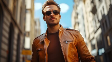 A man in a leather jacket and sunglasses walking through a city street, his face exuding cool confidence, full-body shot, 4K resolution