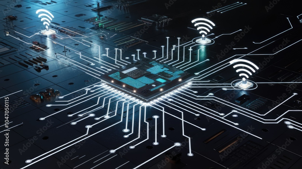 Poster close-up of a futuristic microchip with glowing circuits, representing advanced technology and conne