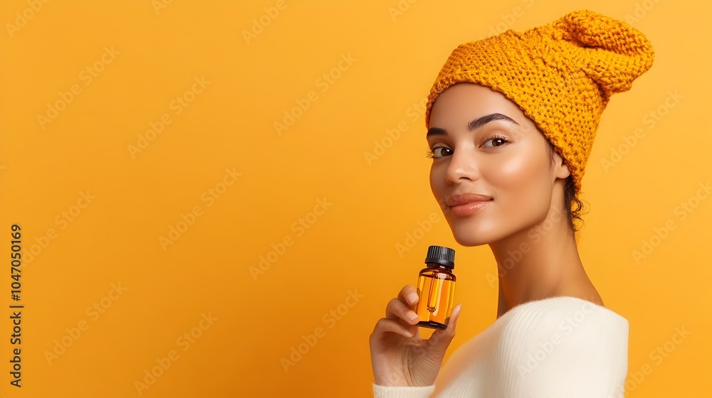 Poster minimalistic and elegant presentation of a translucent bottle containing essential oils showcased ag