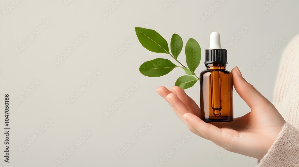 Poster minimalist photographic composition featuring a model holding a translucent bottle of natural essent