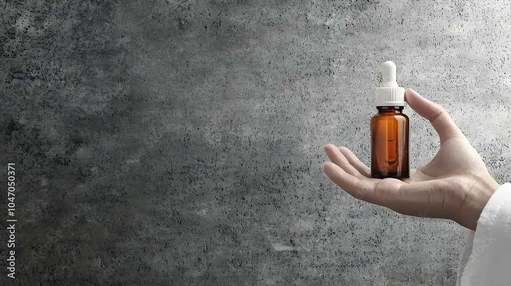 Poster minimalistic and serene composition featuring a bottle of natural essential oils on a clean white ba