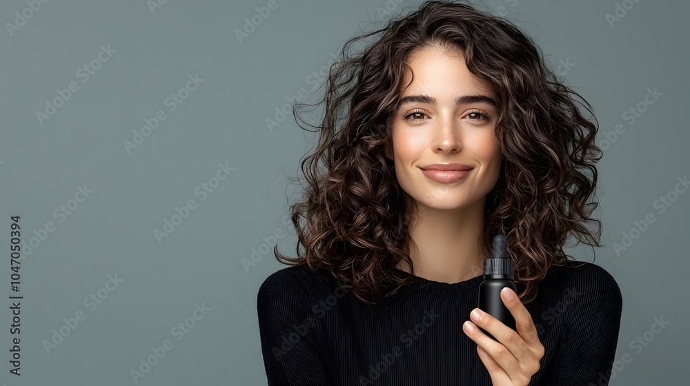 Poster Minimalistic product display featuring a model offering a bottle of essential oils in a clean simple studio setting  The image showcases the natural organic product in a modern serene composition