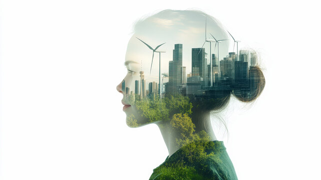 A double exposure image blending a woman's profile with a cityscape, wind turbines, and greenery, symbolizing harmony between nature and urban development.
