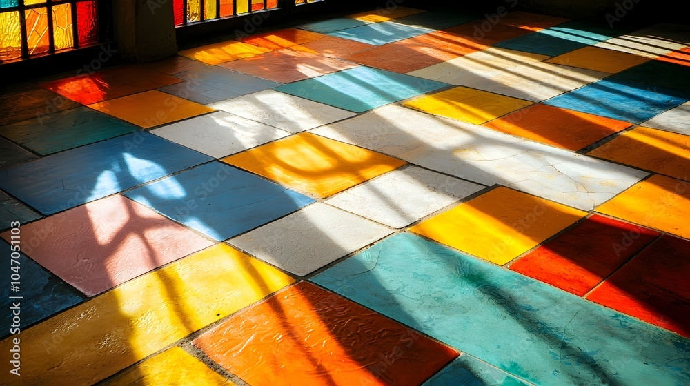 Poster radiant sunlight streaming through a stained glass window casting vibrant chromatic patterns across 