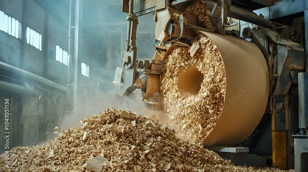 Poster Raw wood fiber pulp being processed in an industrial factory or mill  The machinery and equipment involved in the pulping process to create the base material for paper production