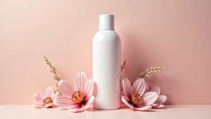 A skincare product displayed against a pink background with flowers.